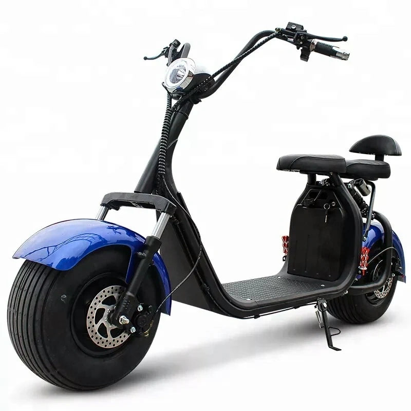 Blue and black electric scooter on a white background