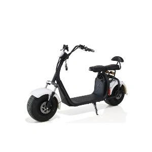 Black electric scooter with white wheels on a white background