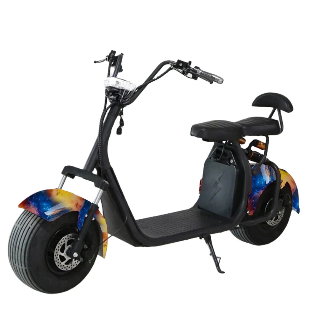 Black electric scooter with colorful wheel designs on a white background