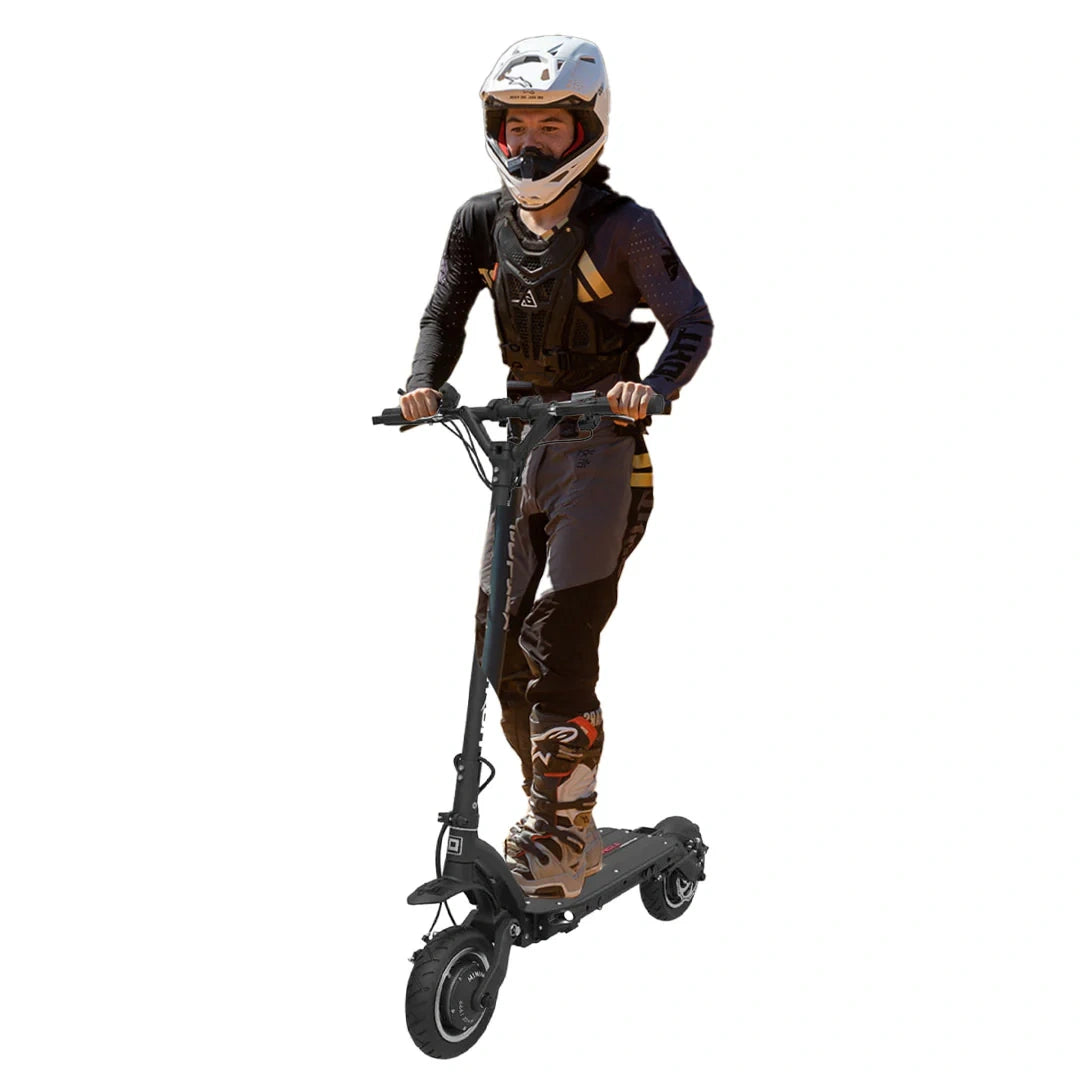 Person riding an electric scooter on a white background