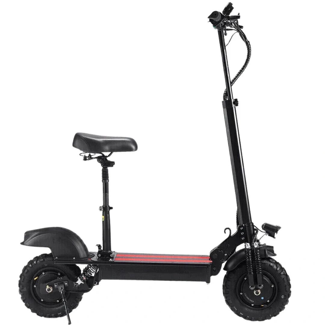 Black electric scooter with large wheels on a white background