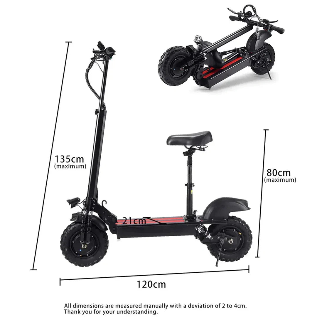 Electric scooter with dimensions labeled on a white background
