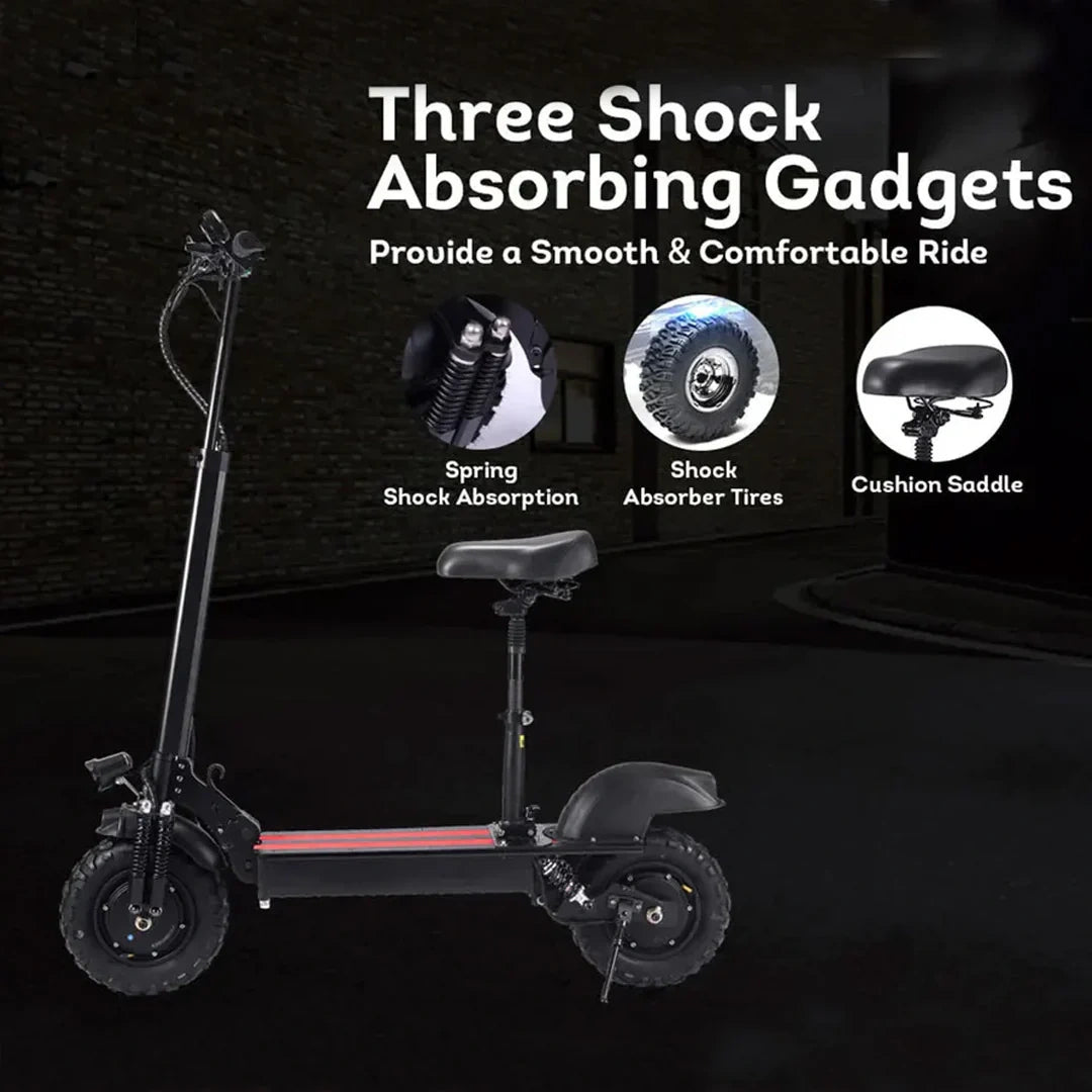 Electric scooter with shock absorbing features highlighted on a dark background