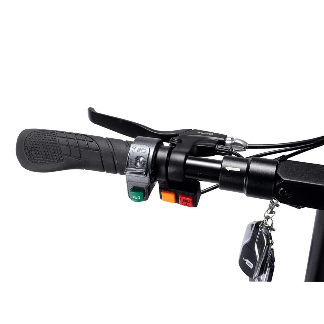 Close-up of a bicycle handlebar with controls on a white background