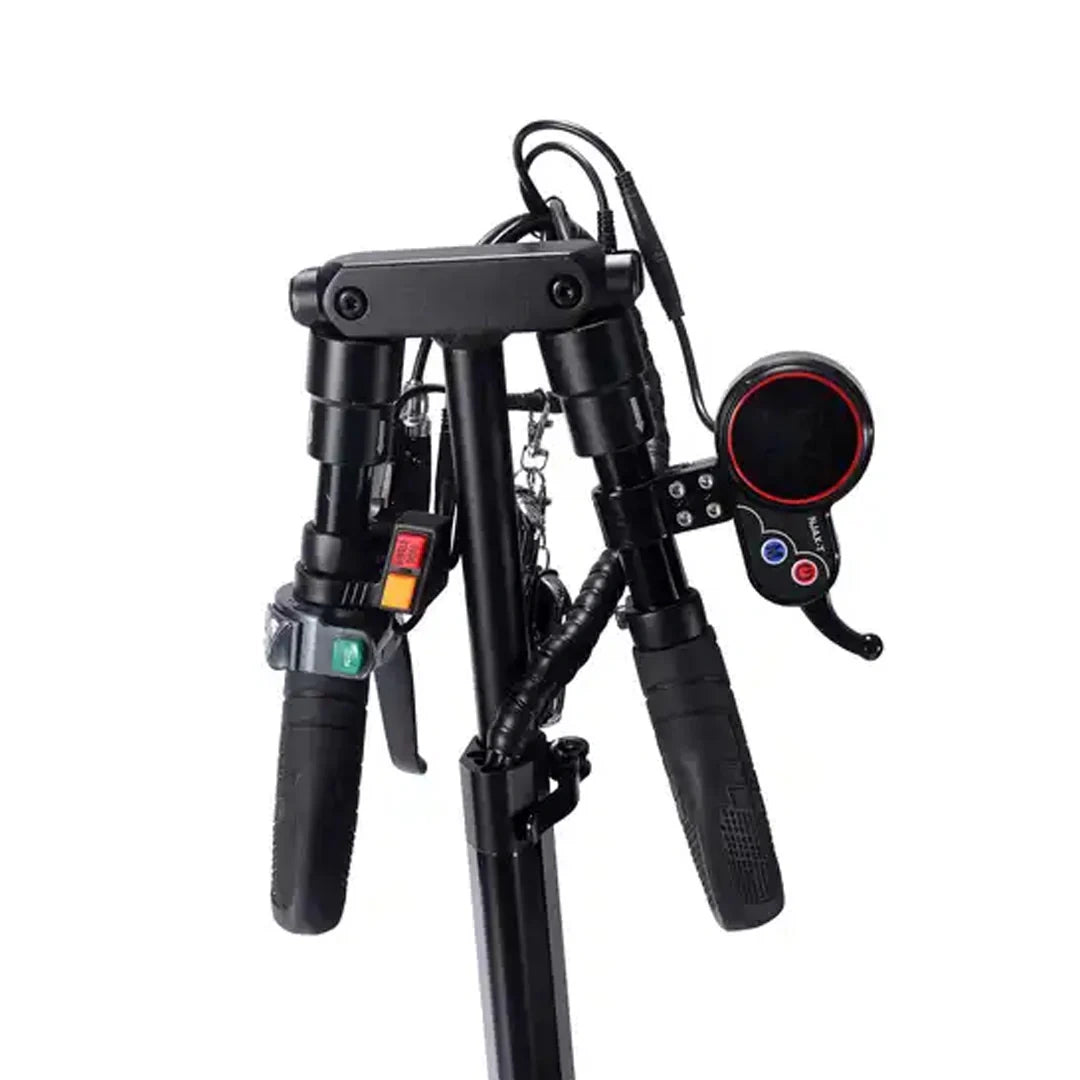 Black motorcycle handlebar with control buttons on a white background