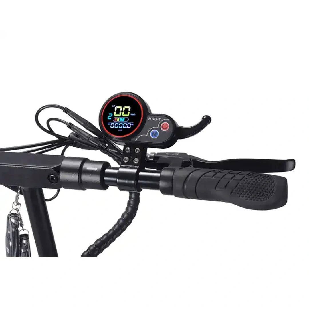 Close-up of a bicycle handlebar with a digital display and control buttons on a white background