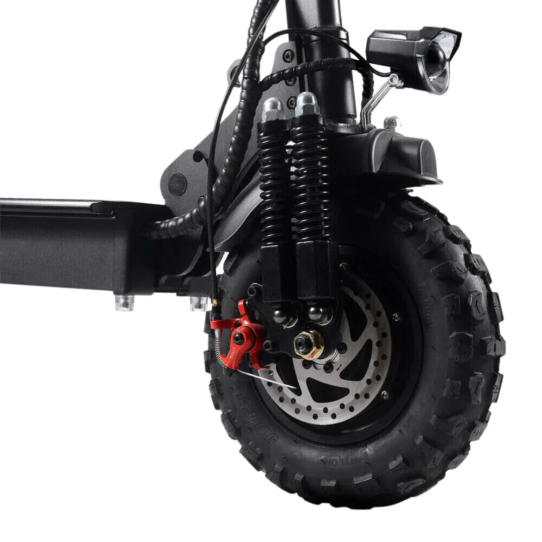 Close-up of an electric scooter's wheel and suspension system on a white background