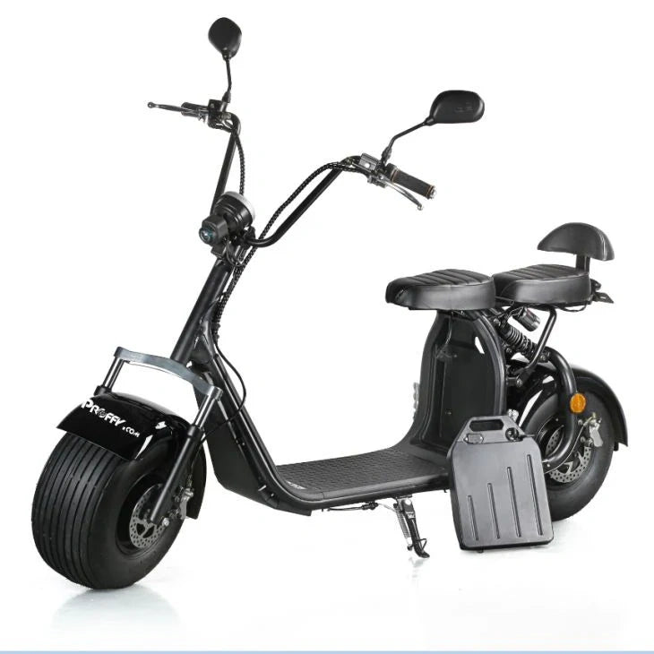 Black electric scooter with large wheels on a white background