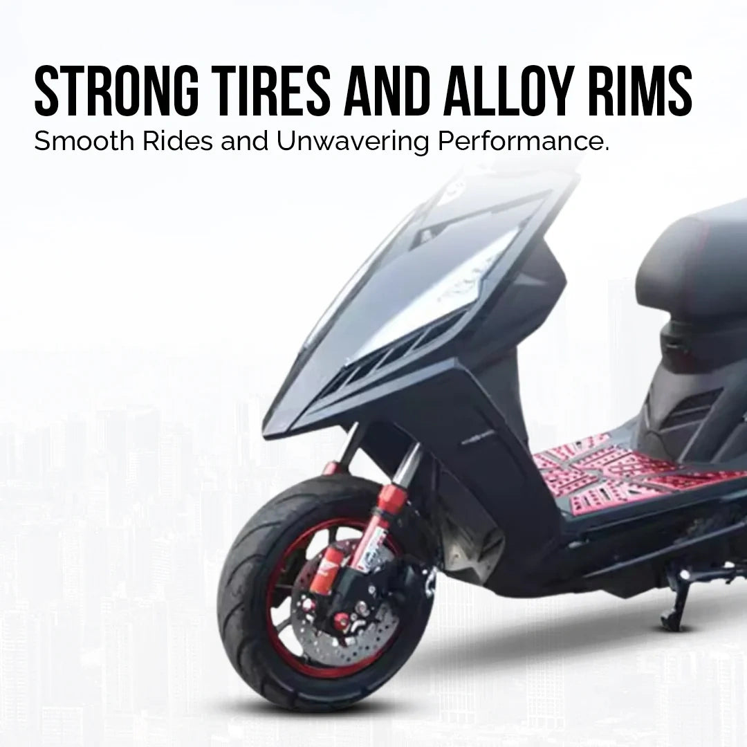 Scooter with strong tires and alloy rims on a white background