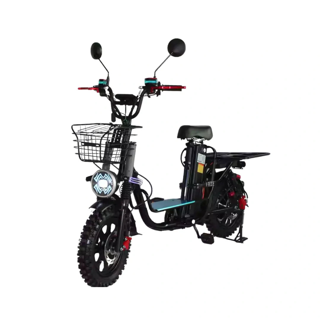 Black electric scooter with basket on a white background
