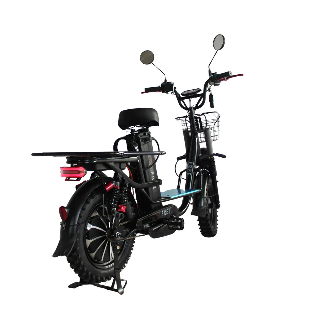 Black electric bicycle with a basket and seat on a white background