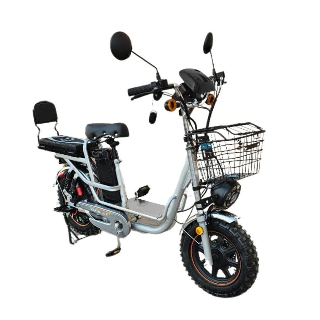 Electric bike with a basket on a white background