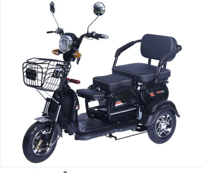 Black three-wheeled electric scooter with a seat and basket on a white background
