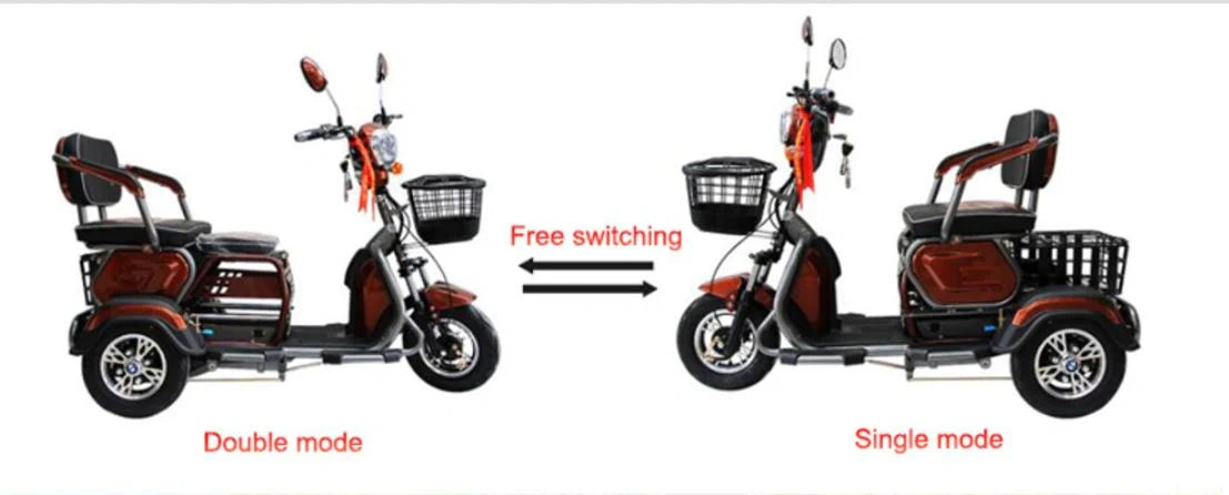 Two views of an electric tricycle with a basket, labeled 'Double mode' and 'Single mode'.