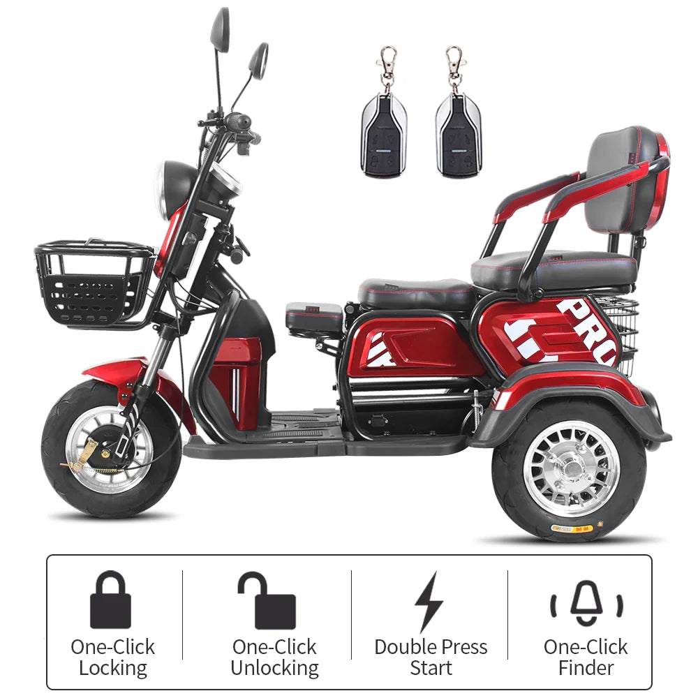 Red electric tricycle with two remote controls on a white background
