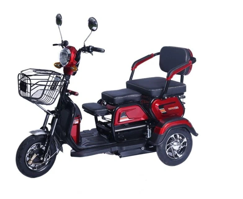 Red and black three-wheeled electric scooter with a basket on a white background