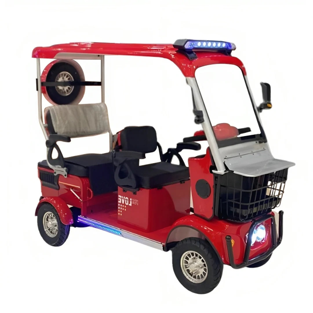 Red golf cart with emergency lights on a white background