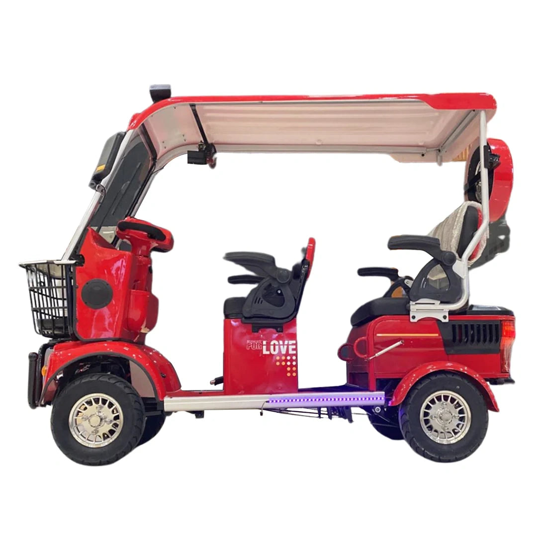 Red electric scooter with canopy on a white background