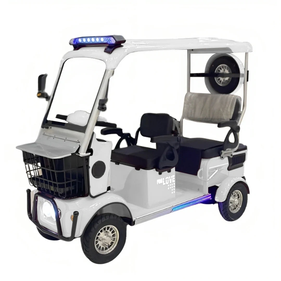 White golf cart with black seats and blue lights on a white background
