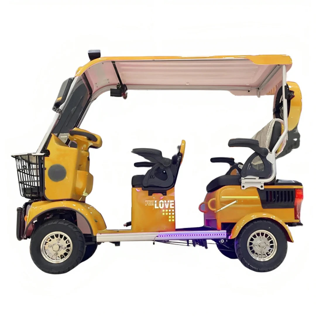 Yellow electric scooter with canopy on a white background