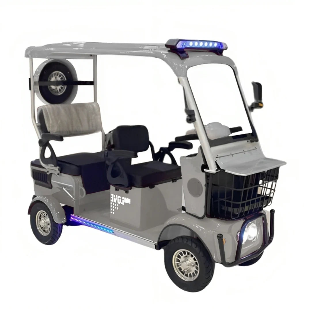 Gray golf cart with police lights and sirens on a white background