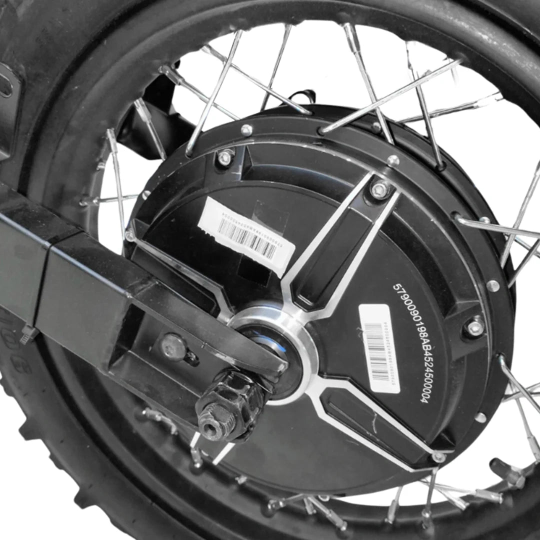 Close-up of a motorcycle wheel with a black tire and rim.
