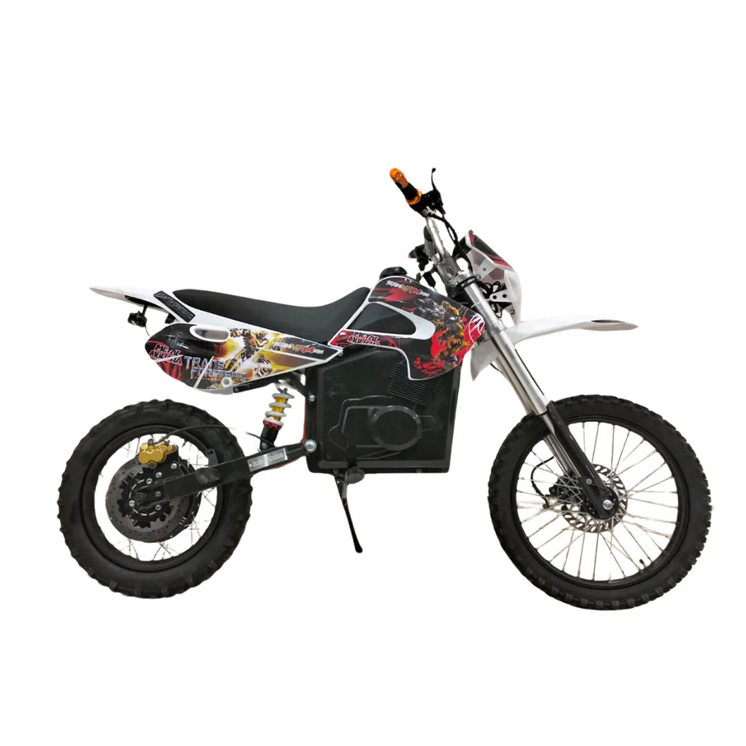 Small dirt bike with colorful graphics on a white background