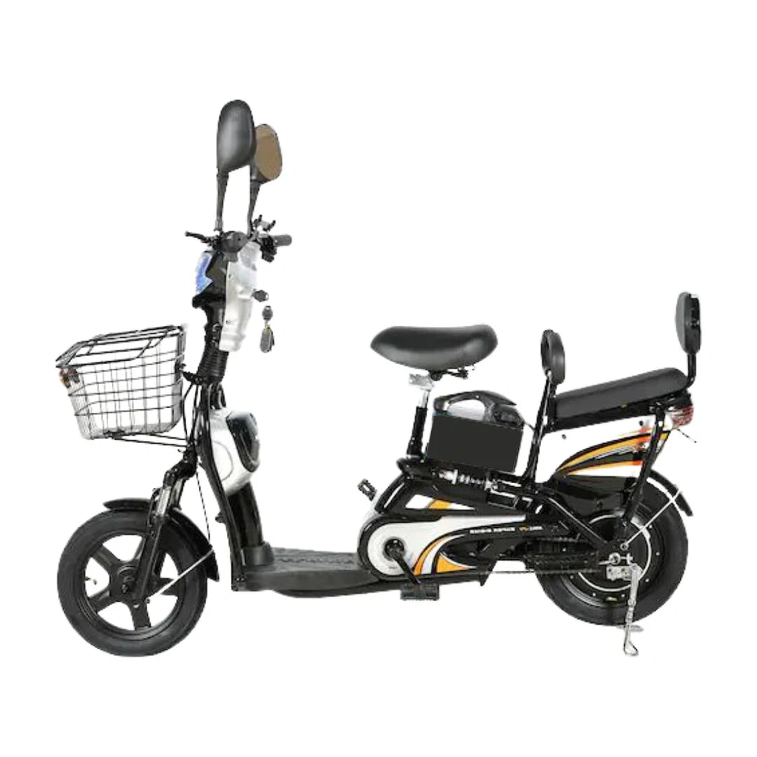 Black electric scooter with basket and seat on a white background