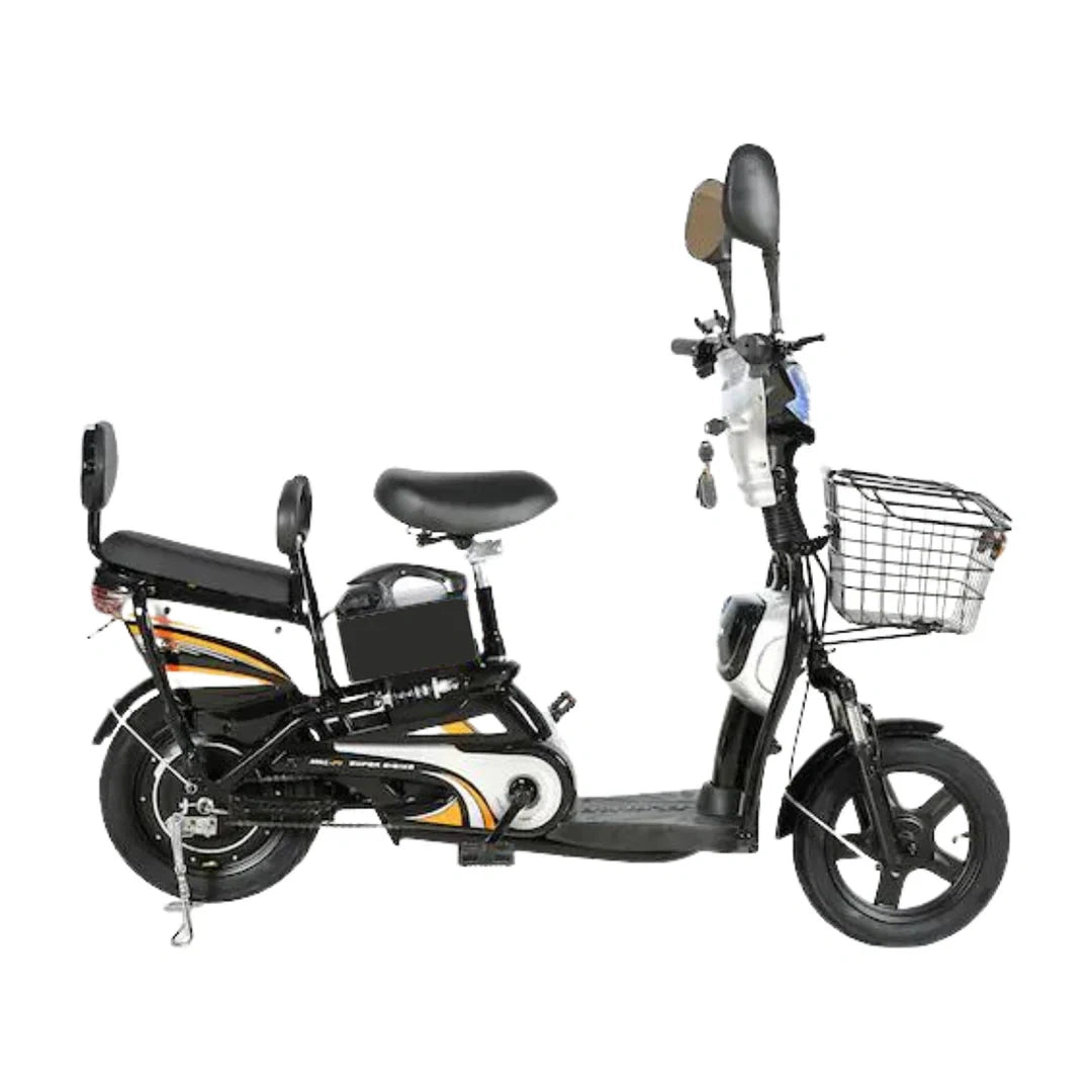 Black electric scooter with a basket on a white background