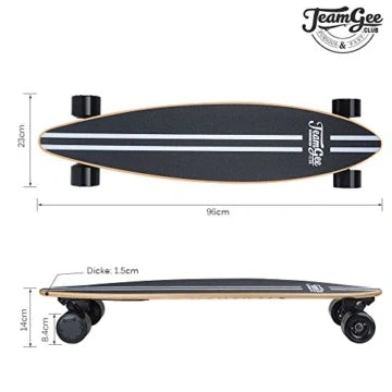 Longboard with dimensions and Teamgee branding on a white background