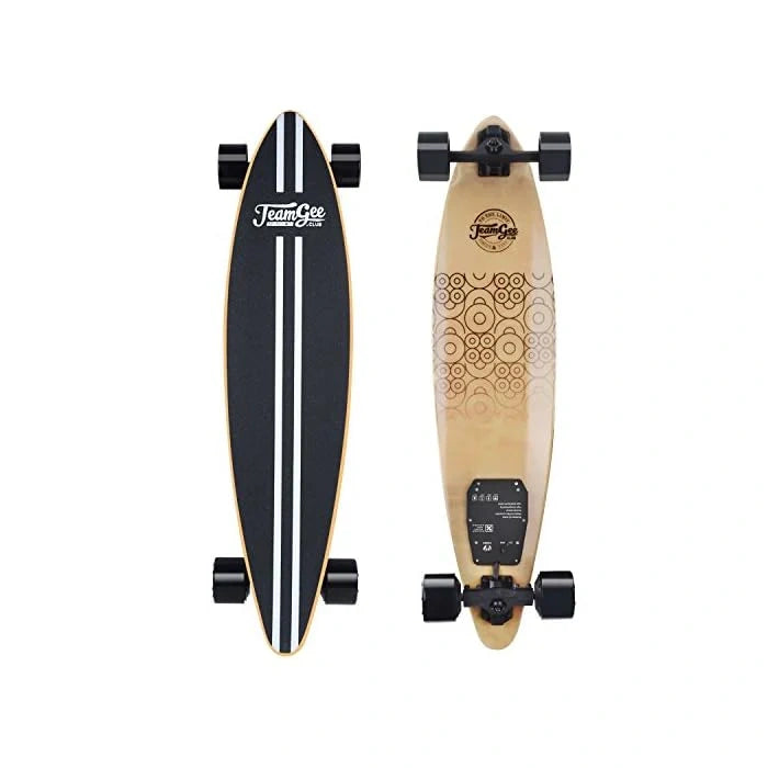 Two longboards, one black and one with a patterned design, on a white background.