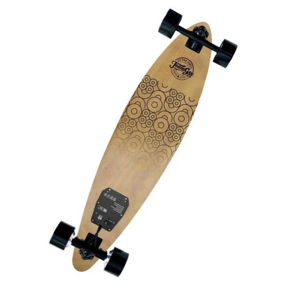 Wooden skateboard with a patterned deck on a white background