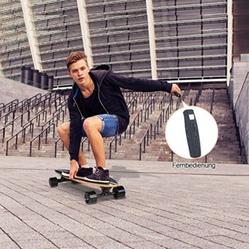 Person riding a skateboard with a remote control device in the foreground.