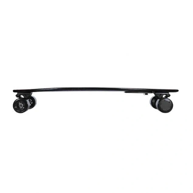 Black scooter deck with wheels on a white background