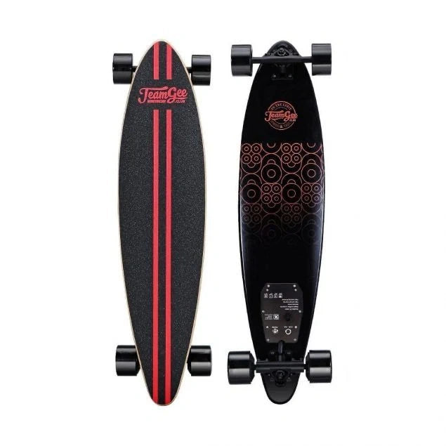 Two longboards with different designs on a white background