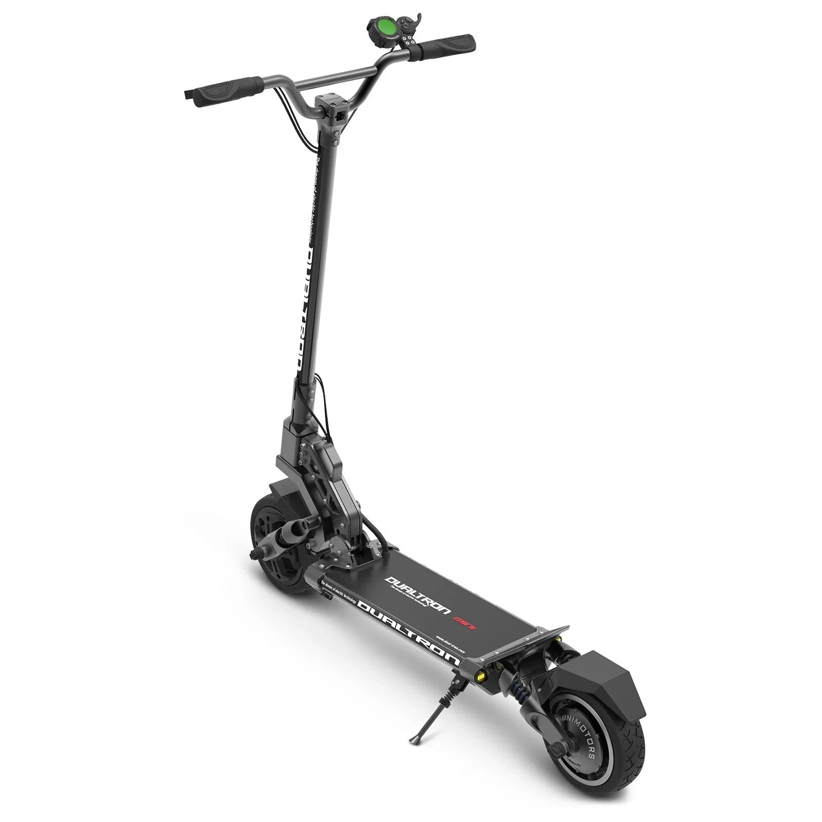 Black electric scooter with visible branding on a white background