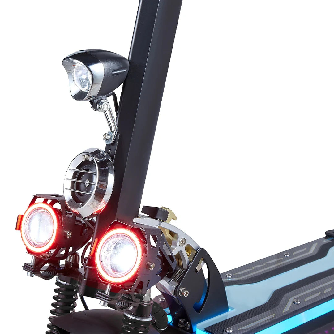 Close-up of a scooter's front lights and suspension on a white background