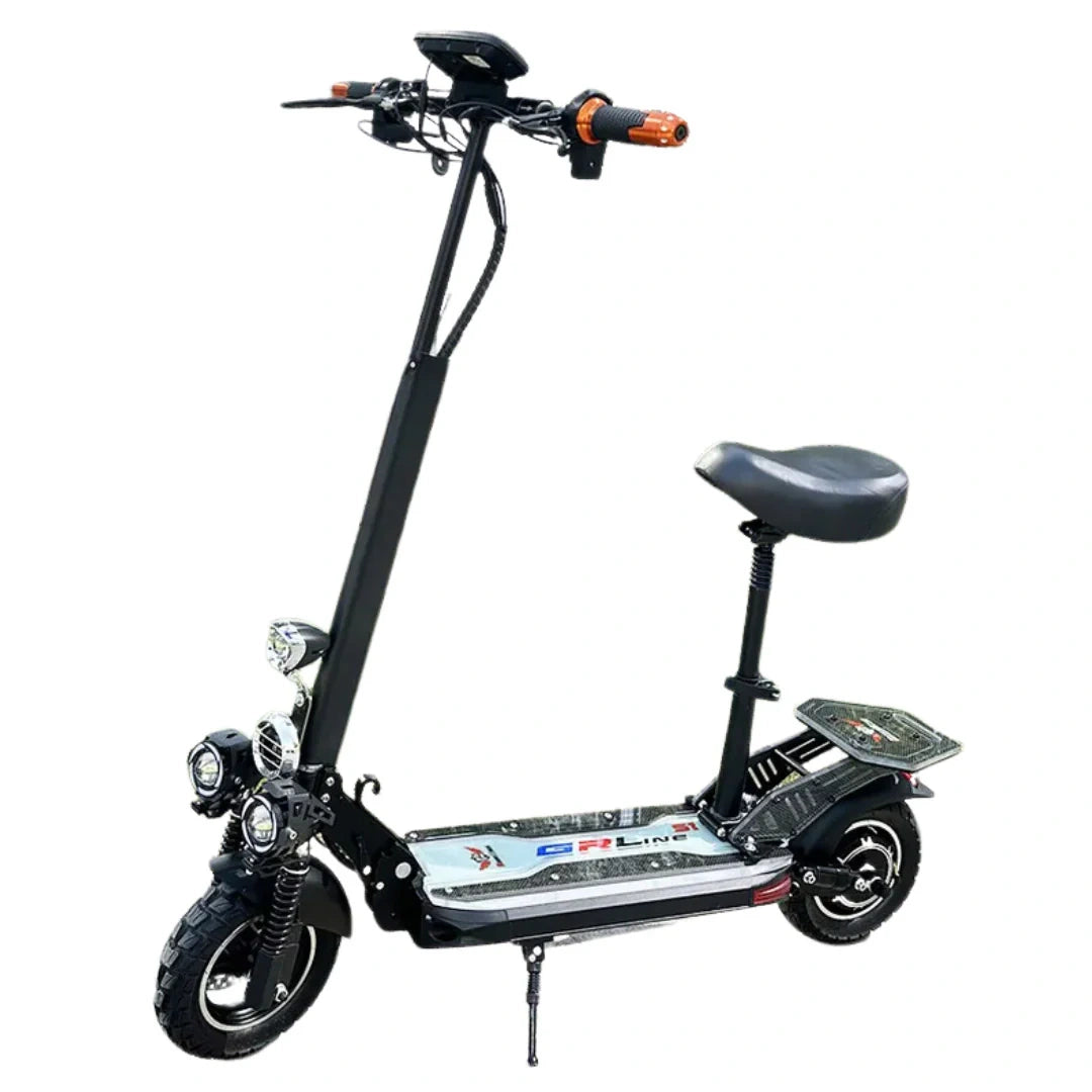 Black electric scooter with a seat on a white background