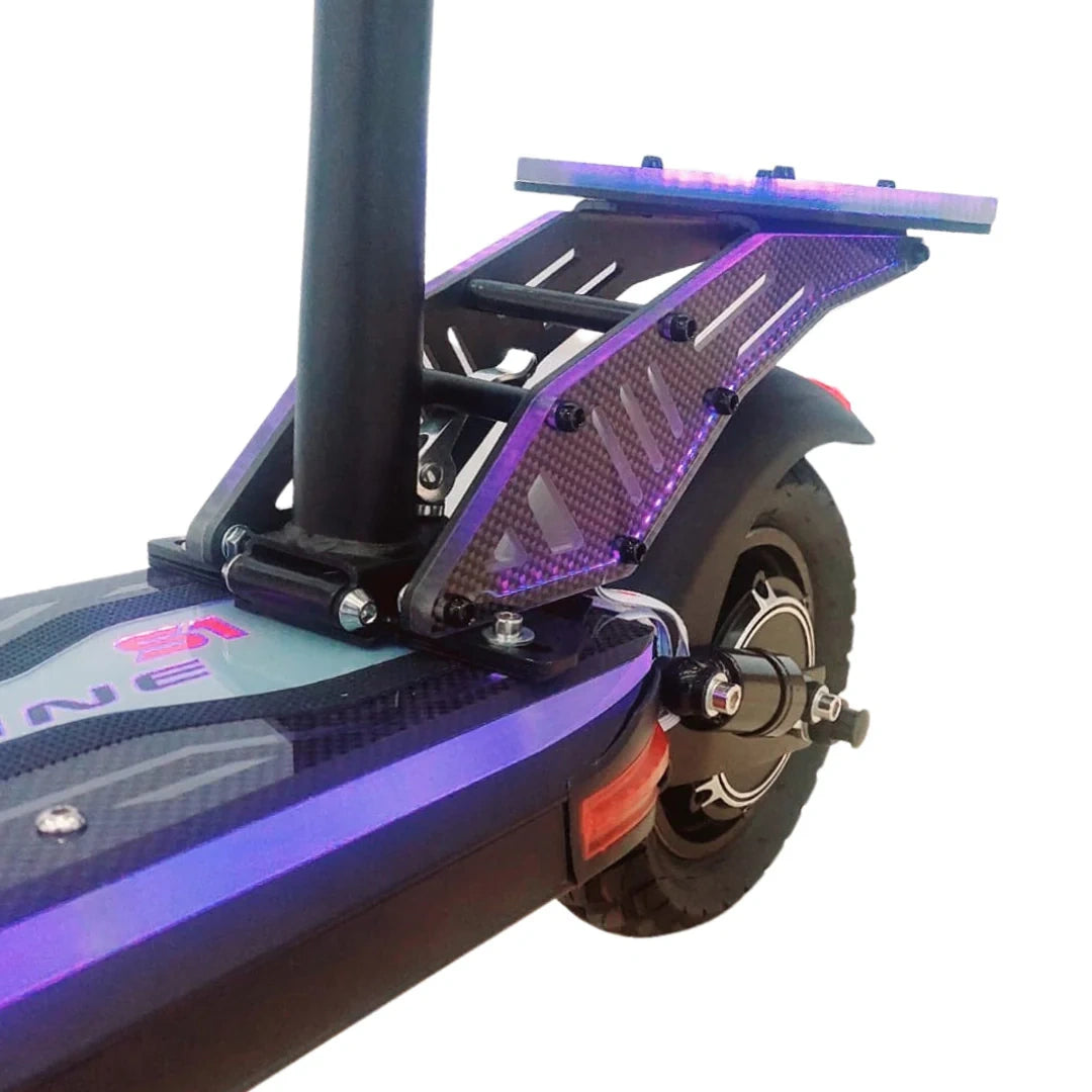 Close-up of a scooter with a purple accent on a white background