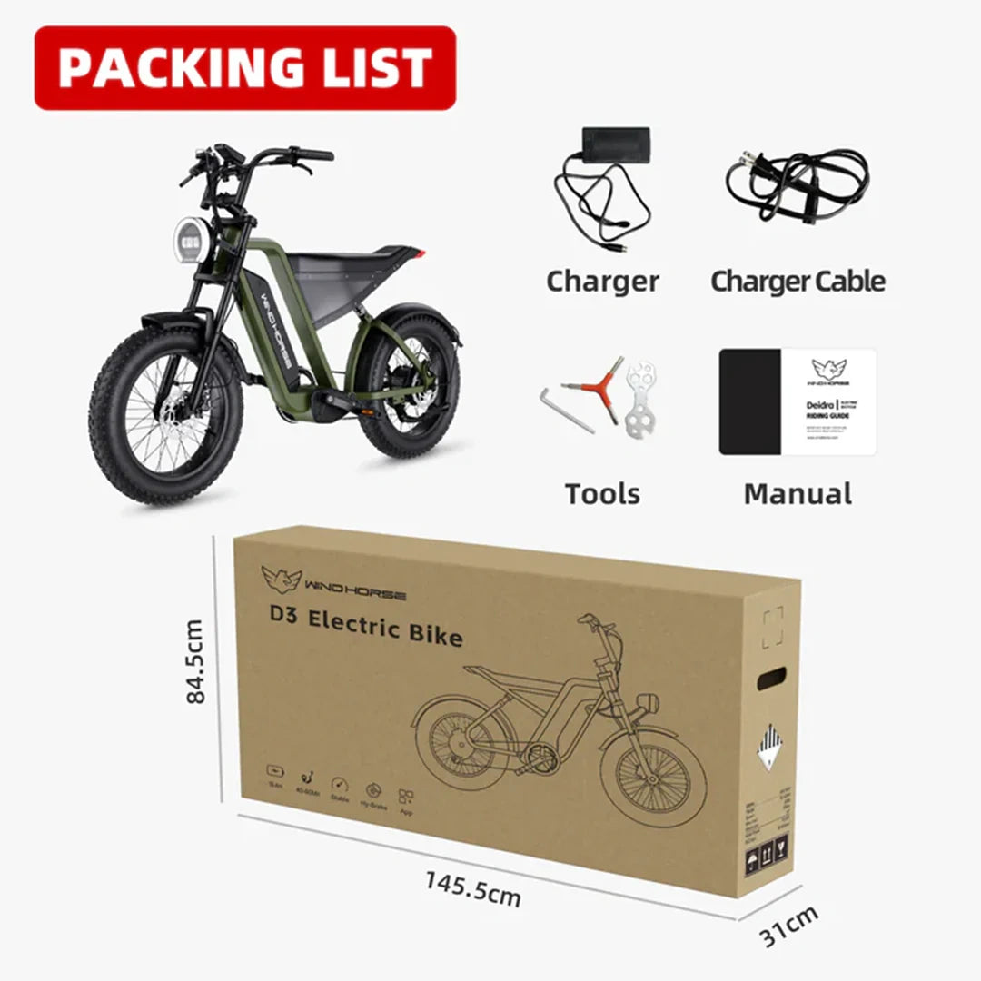 Packing list for a D3 Electric Bike including bike, charger, charger cable, tools, and manual with dimensions displayed.