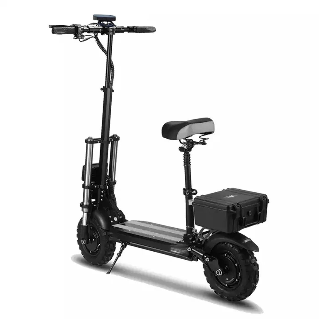 Black electric scooter with a seat on a white background