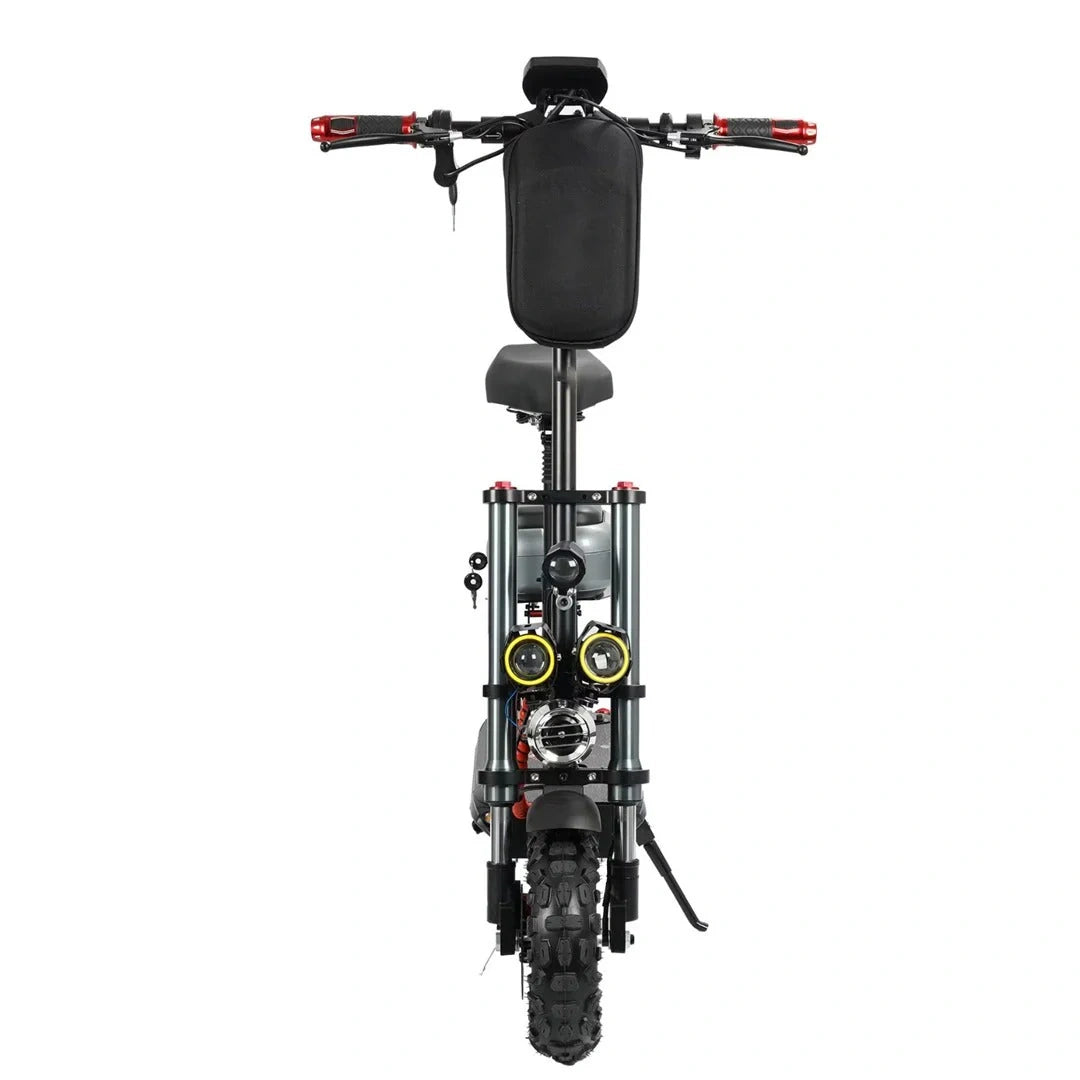 Black electric scooter with visible components on a white background