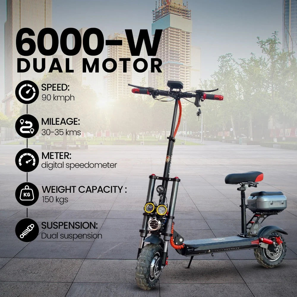 Electric scooter with specifications on a city street background