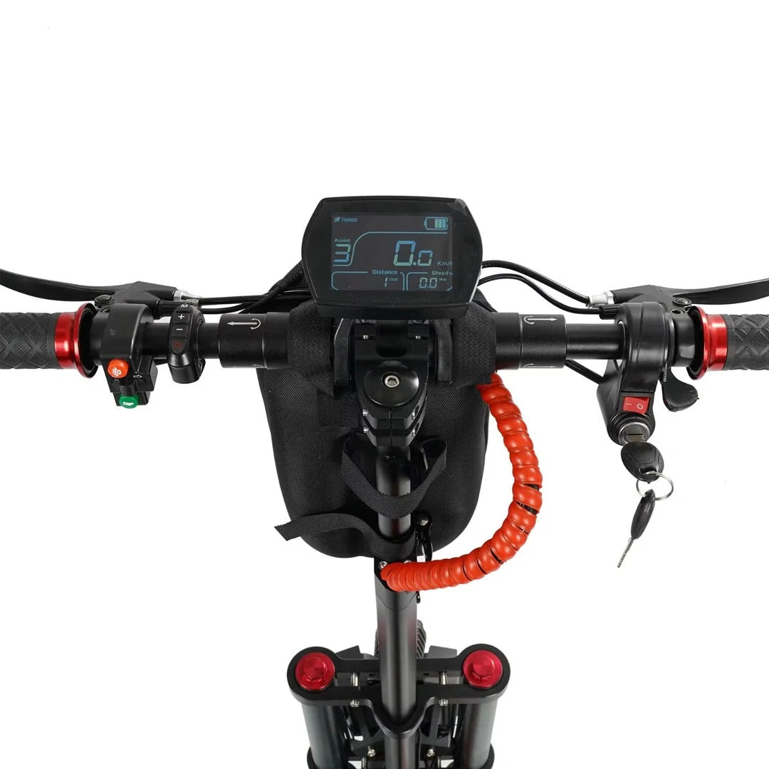 Close-up of motorcycle handlebar with digital display and controls on a white background