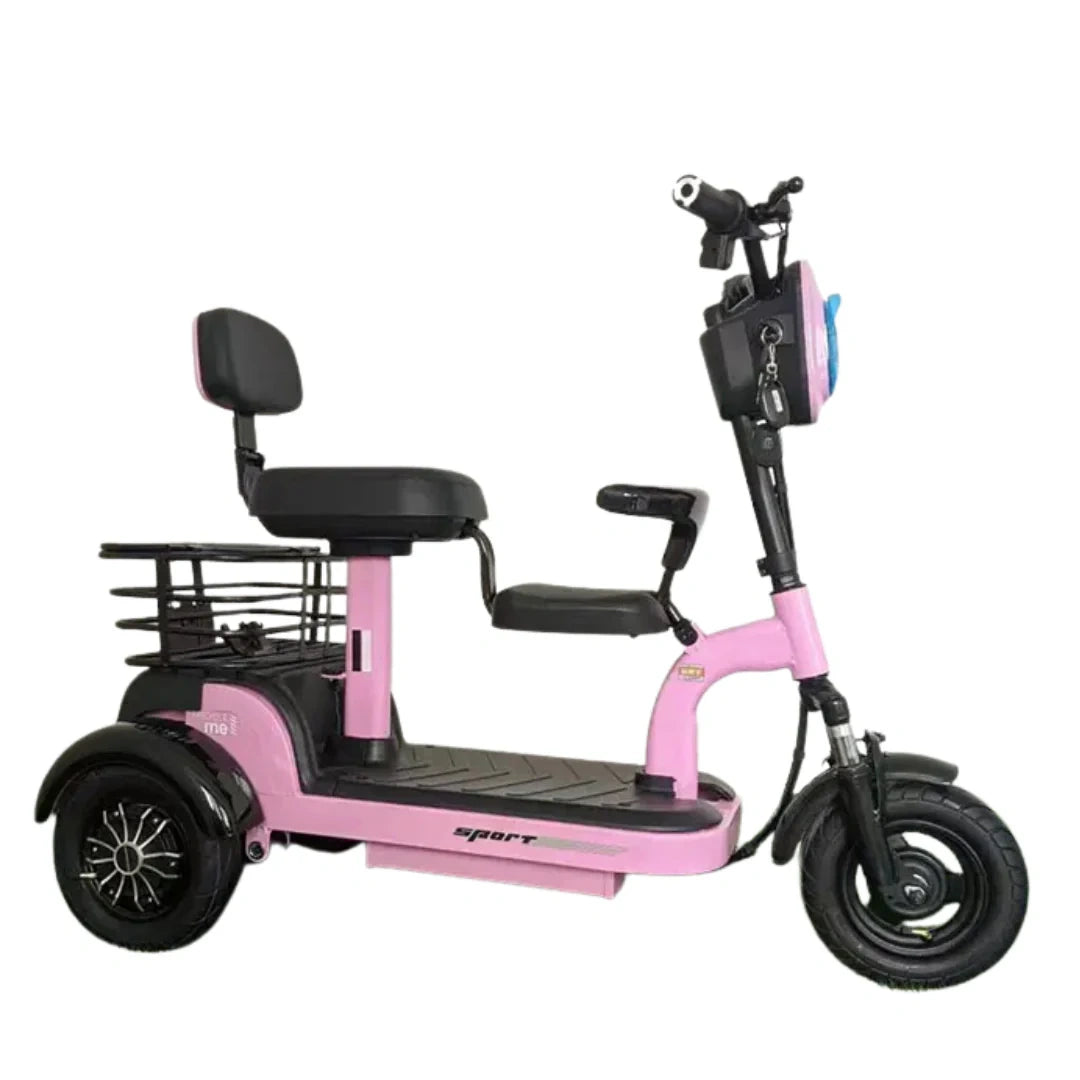 Pink electric tricycle with a seat on a white background