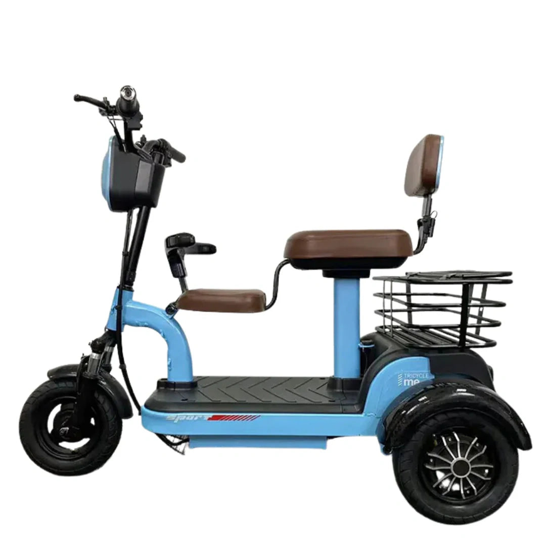 Blue three-wheeled electric scooter with a brown seat on a white background