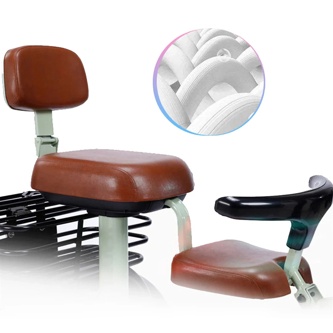 Brown tractor seat with backrest and footrest on a white background, showing close-up of seat material.