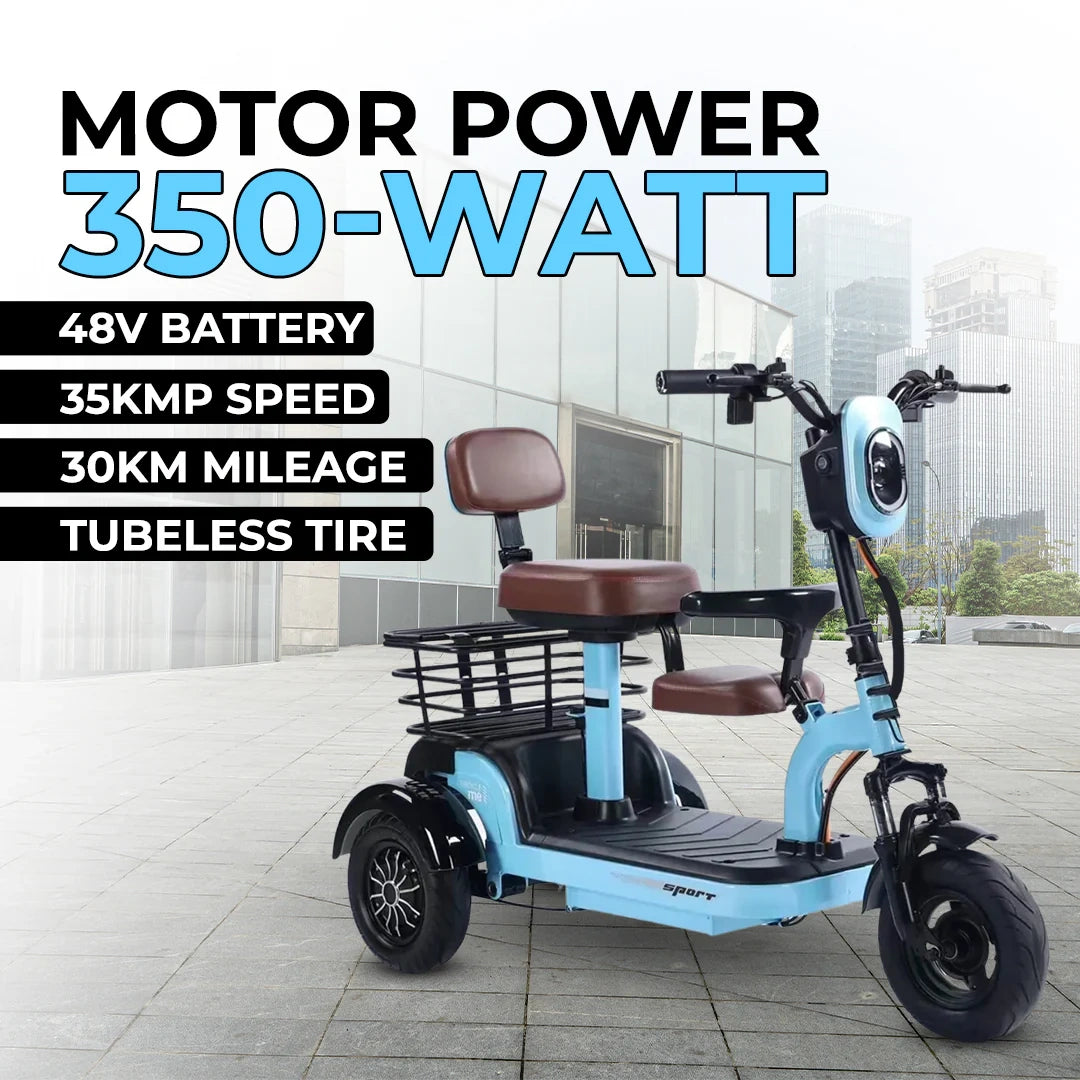 Electric scooter with specifications on a cityscape background