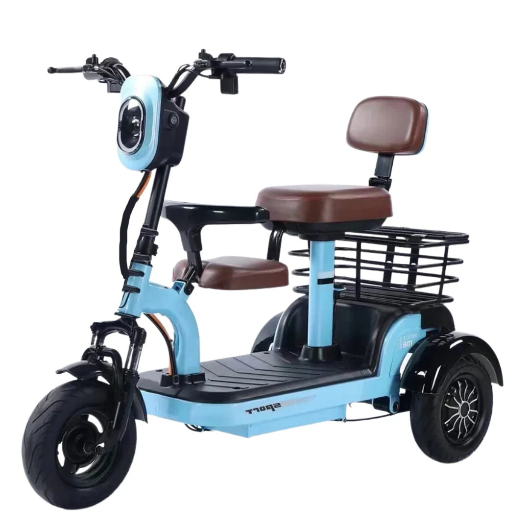 Blue three-wheeled electric scooter with brown seats on a white background