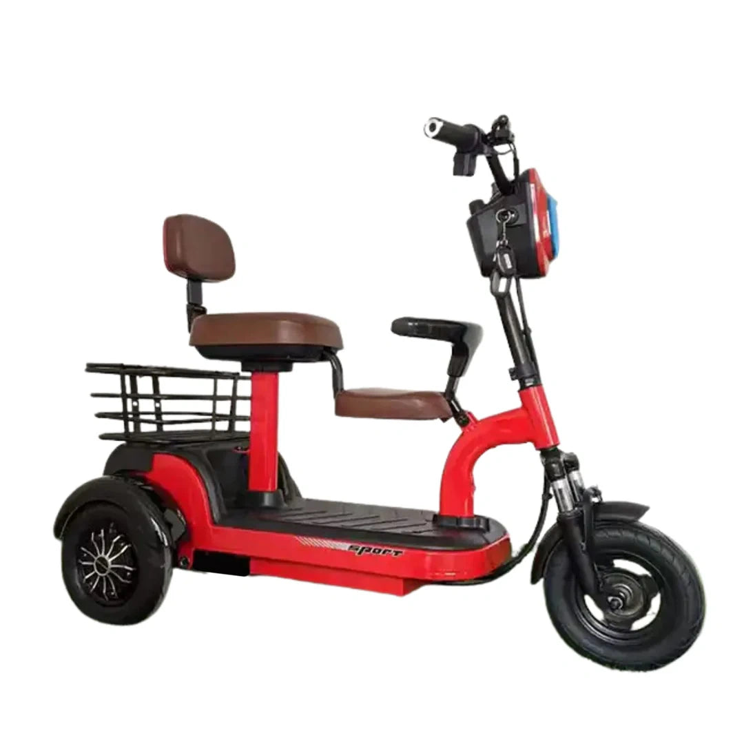 Red three-wheeled electric scooter with a brown seat on a white background